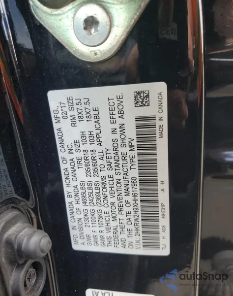 2017 Honda Cr-V Touring z USA, uszkodzony, nr VIN 2HKRW2H9XHH617960